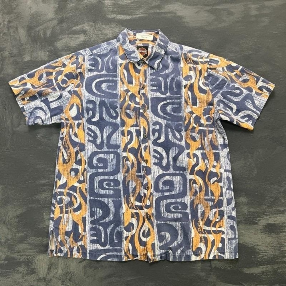 Vintage Harley Davidson Hawaiian Shirt Mens Large Blue 1990s USA